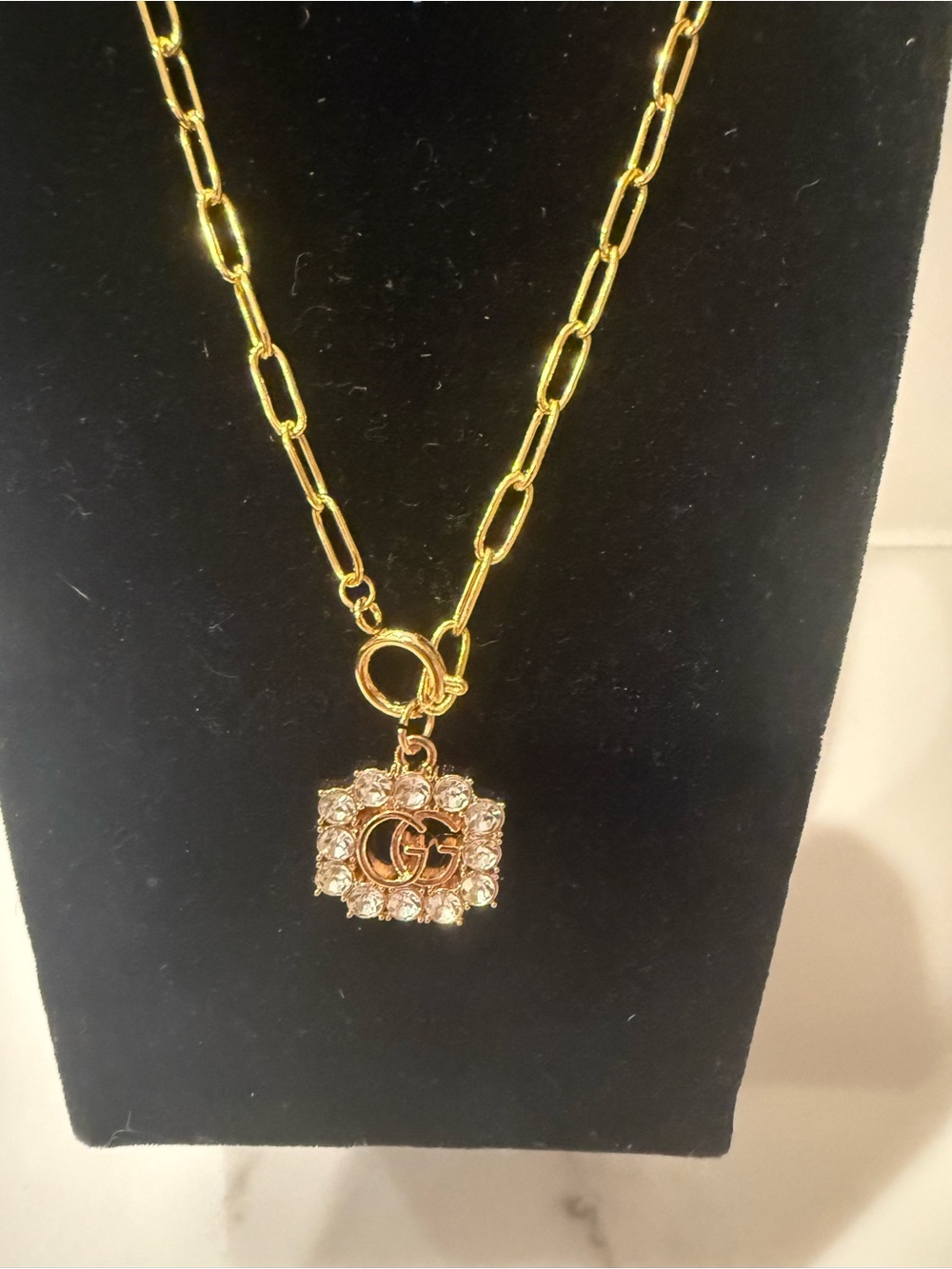 Upcycled Gucci Gold Crystal GG Charm Pendant Necklace - Picture 6 of 12